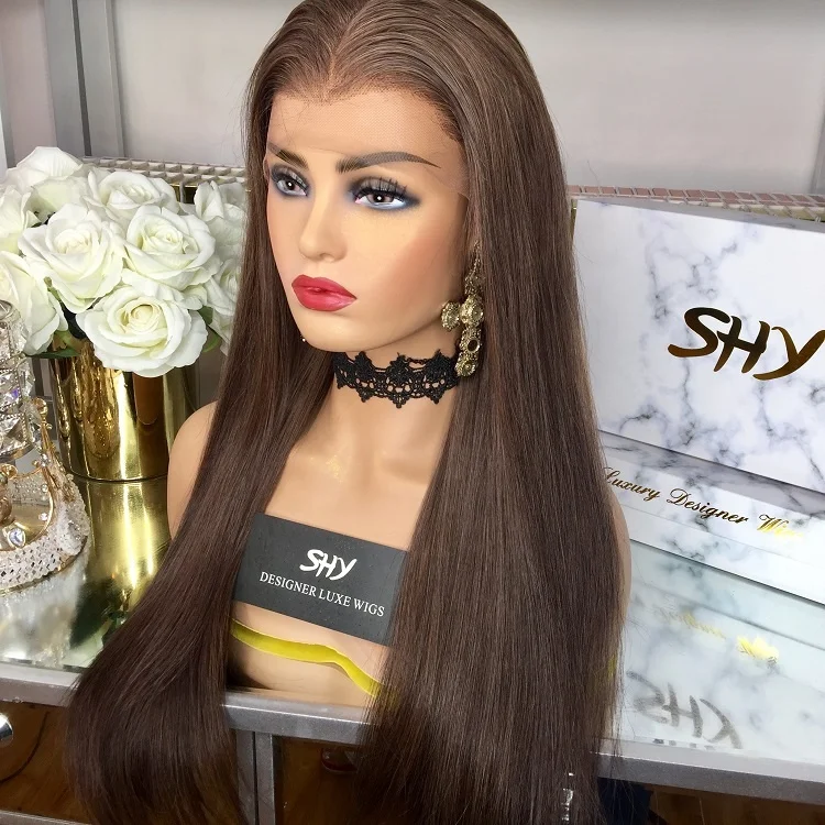 
New Single Knots Bleached Knots 150%Density Brown Color Silky Straight 22inch Brazilian Hair 13*6 Lace Front Wig With Fake Scalp 