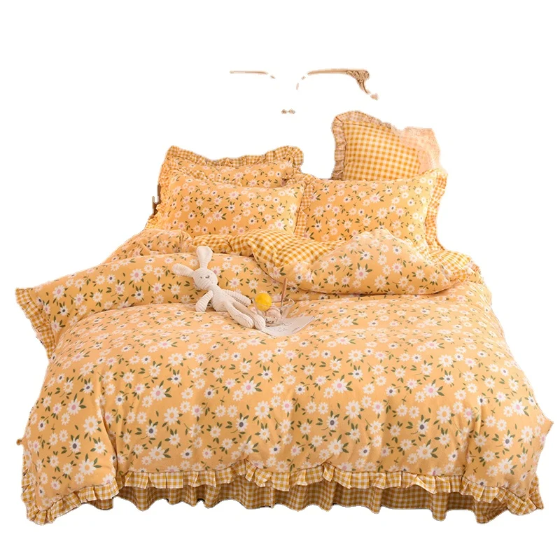 
Princess bed spread lace Duvet Cover Pillowcase Bed Sheet Linens Fleece Warm Bedding Sets 
