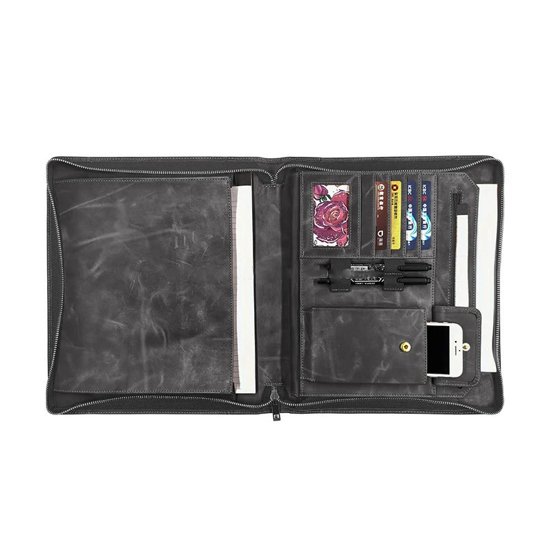 A4 Custom Multi-Functional Business Leather Portfolio File Folder Zippered Closure Portfolio Organizer Folder Storage Folder