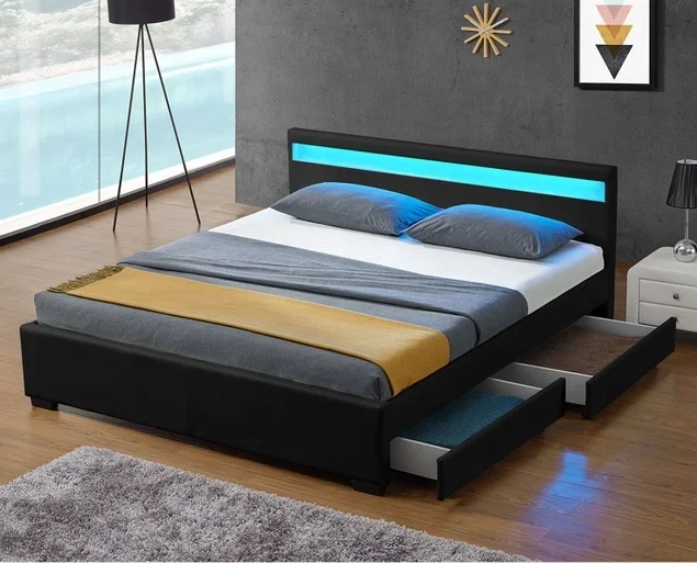  Lighted Headboard LED double size PU leather sleigh bed with 4 storage