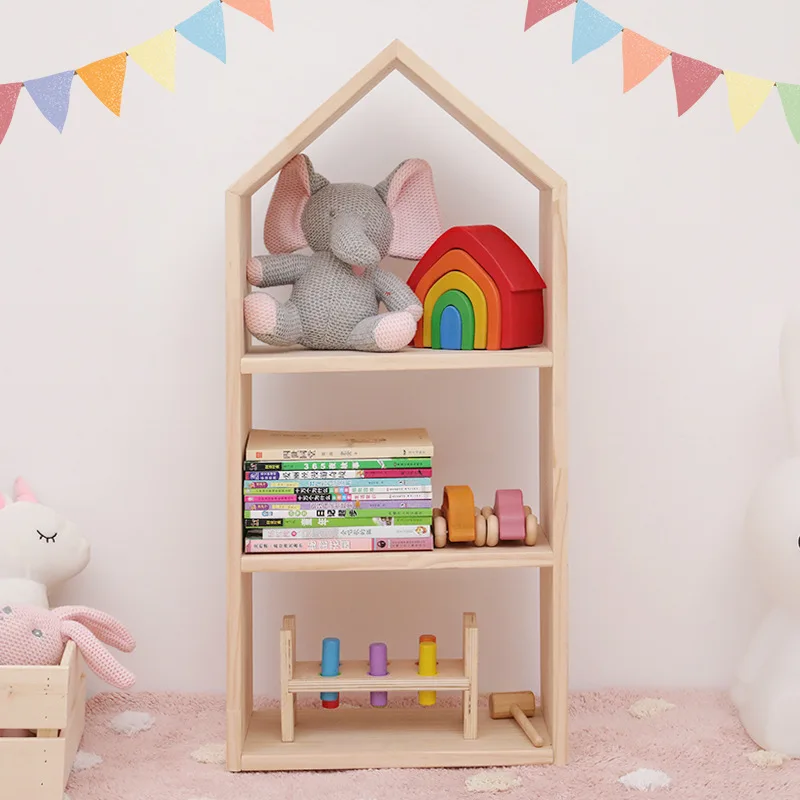 ins Nordic style house shape solid wood bookshelf shelf kids room home decoration shoe rack toy wooden storage rack