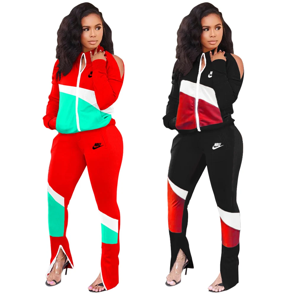 Classy Trending Women Fall Color Matching Off Shoulder Fashion Casual Nike Patchwork Sport Jogger Tracksuit Trousers 2 Piece Set