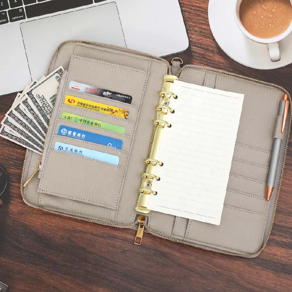 2025 Hongbo New A6 Lizard PU Leather Zipper Wallet with 6 Gold Binder Rings as Budget Planner Envelope with Inserts Available