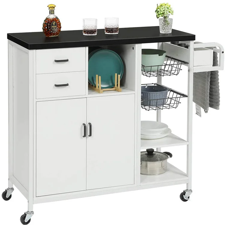 
Home Storage Mobile Kitchen Island Cart Bar Serving Cart Kitchen Trolley Cart with Drawers Wheels 