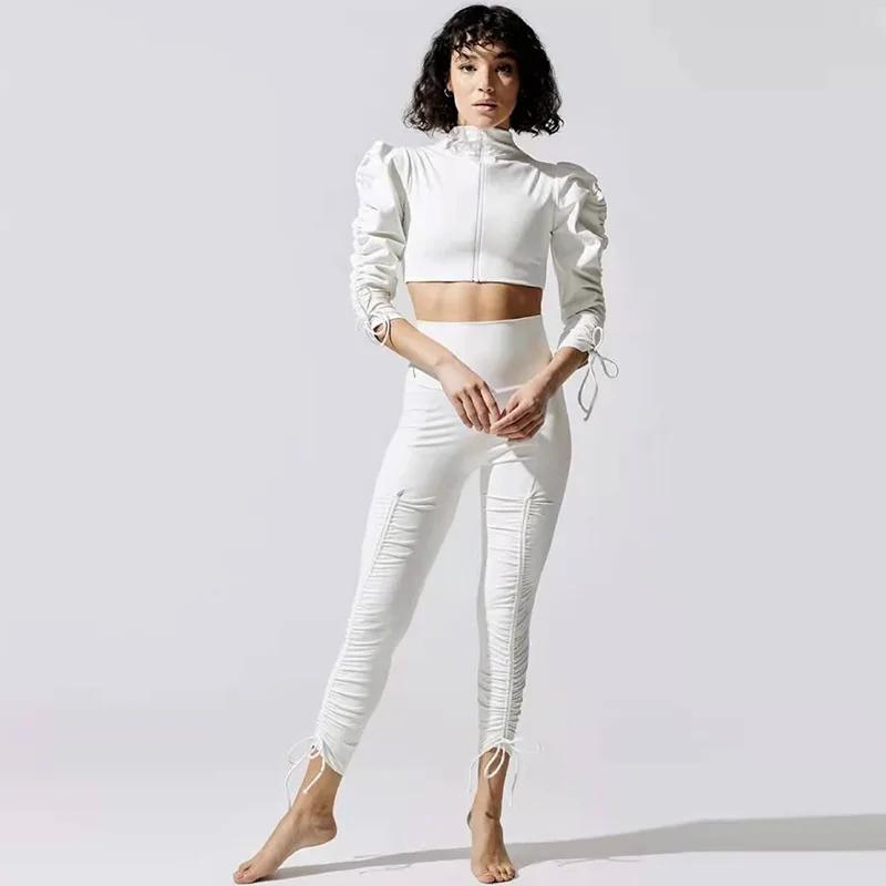 Aoyema  New Wholesale Athletic Women Workout Sportswear Gym Clothing Fitness Long Sleeve Crop Top Scrunch Butt Leggings Yoga Set