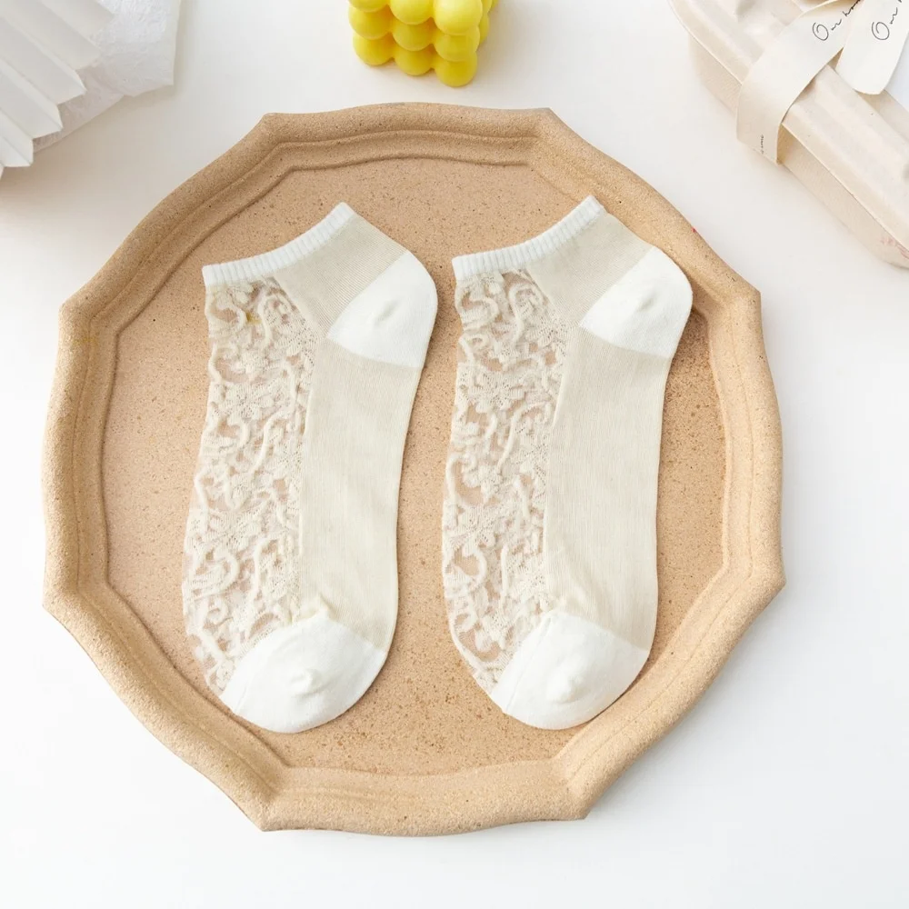 Wholesale twill mesh womens ankle net socks with lace knitted anti-slip breathable socks for ladies