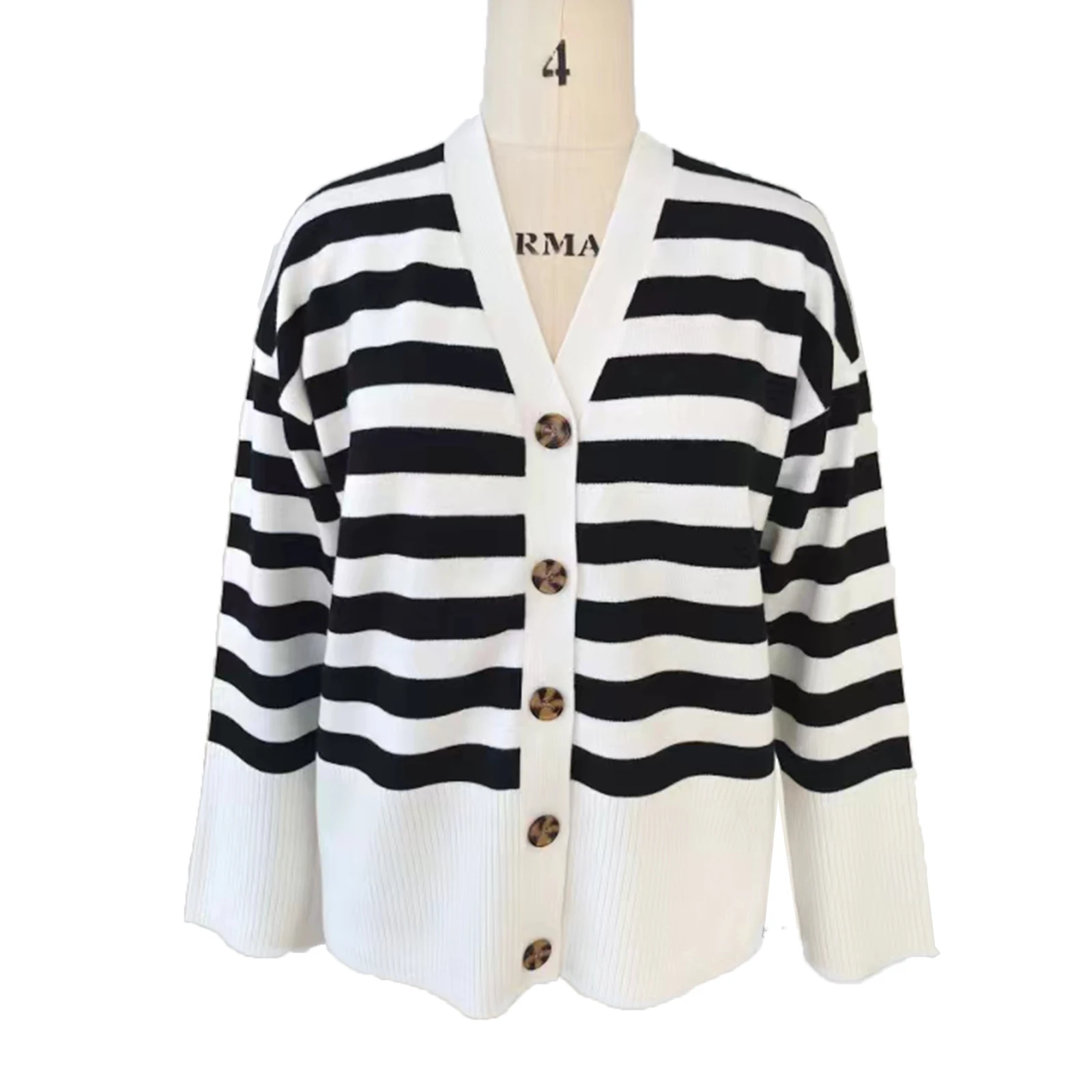 Knitted Cardigan Knit Sweater Custom for Women Stripe Knit Long Sleeve Button Front Cardigan Sweater Vintage Oversized Cardigan