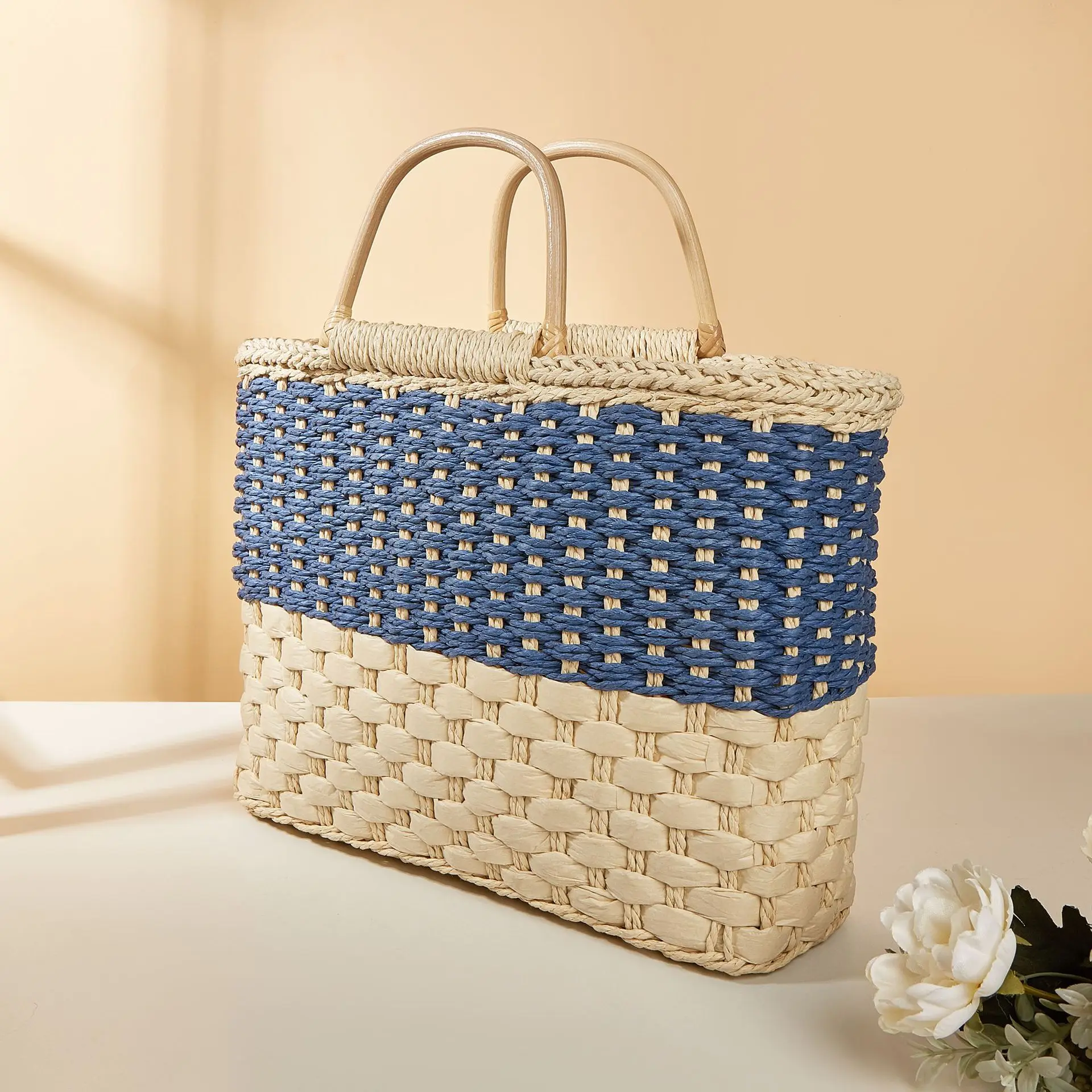 Fashion Casual Woven Handmade Ladies Straw Multicolor Basket Tote Bag Vintage Women Shopping Handbag Stick Handles Big Capacity