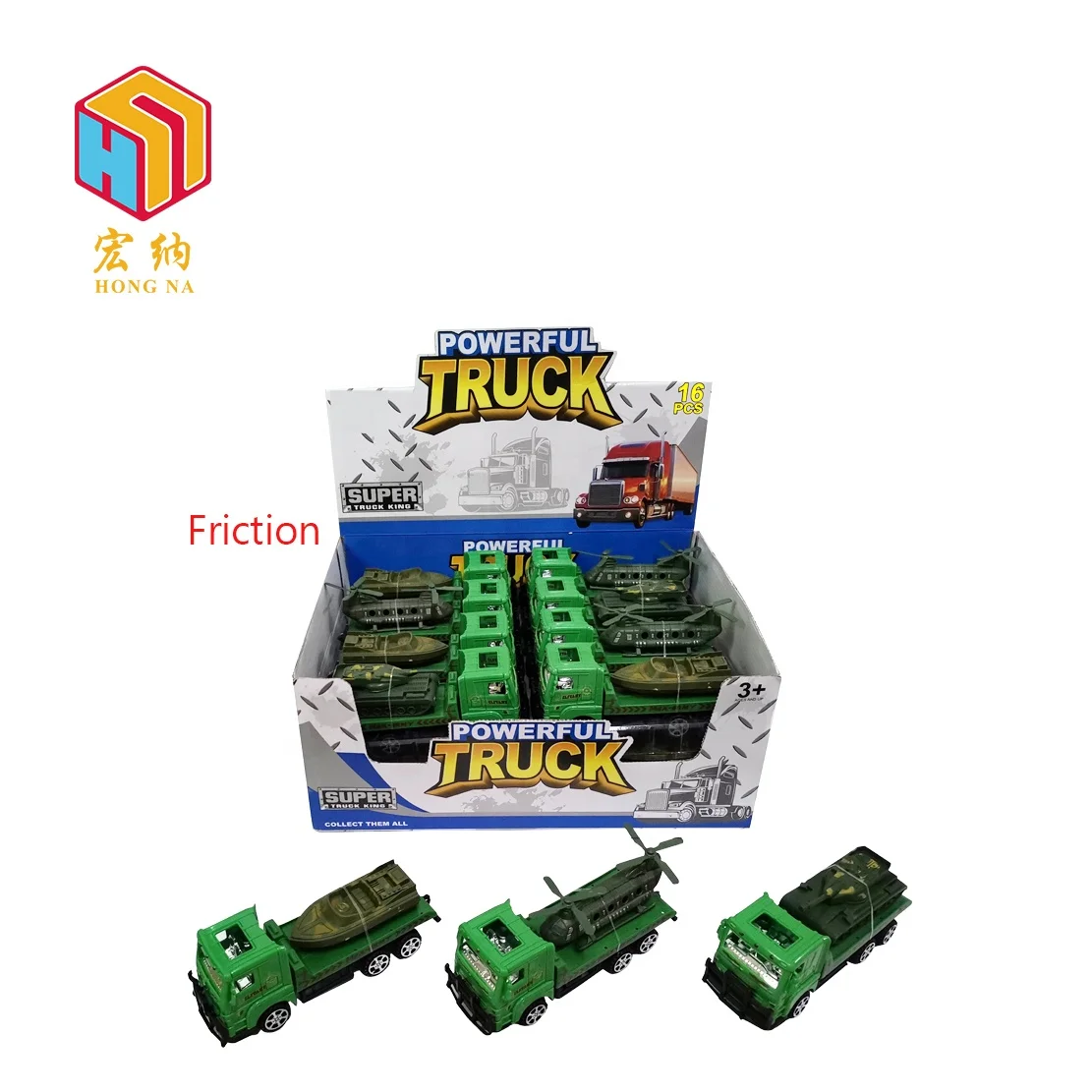 Powerful truck 18 cm inertial military tractor carries powerful racing car friction toy for kids