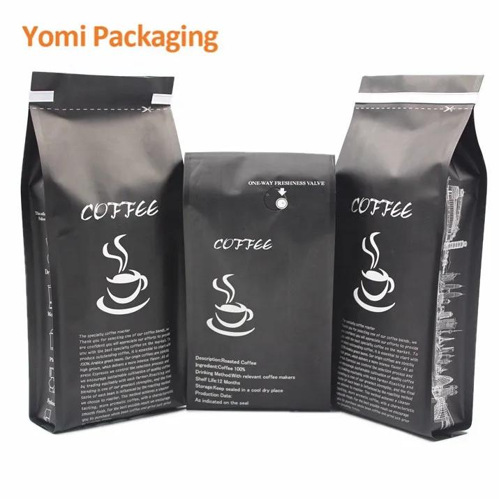 100g 250g 500g 1kg 12 oz Plastic Flat Bottom Coffee Bag Custom Printed Matt Black Aluminum Foil With Valve