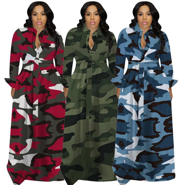 Plus Size Women Clothing Fall Winter Maxi Dresses Camouflage Long Shirt Elegant Women Casual Dress Long Dresses