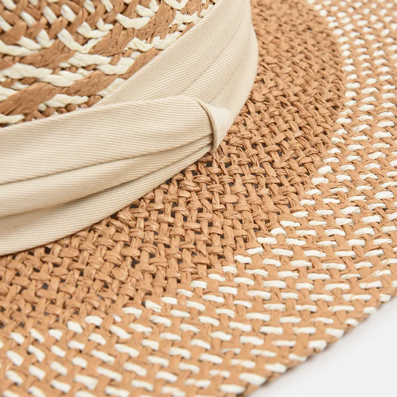 Vintage Womens Straw Boater Skimmer Hat Travel Wide Brim Sun Cap Variegated Summer Straw Beach Sun Hat