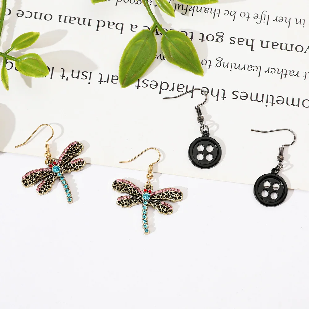 2 Style Halloween Coraline the Secret Door Dragonfly Diamond Drop Earring Anime Metal Button Pendant Ear Hook Earrings for Women