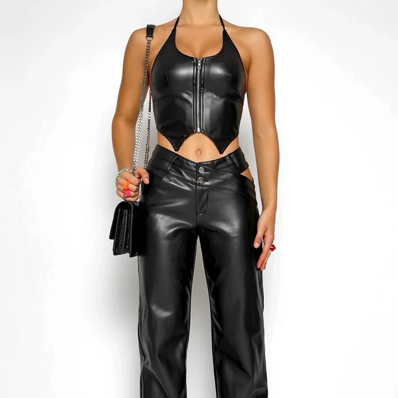 Новинка Женская одежда в европейском и американском стиле на осень и зиму 2021 пикантный облегающий жилет из искусственной кожи с ремешком на шею и открытой спиной на молнии