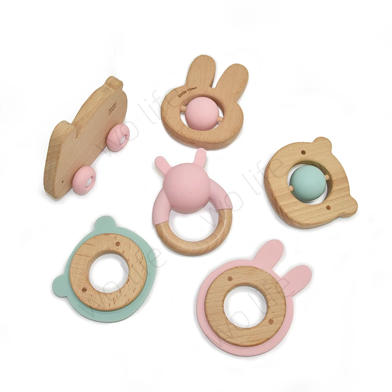 Non toxic new design food grade beech wood teether cute animal shape silicone teething teether baby chewy toy