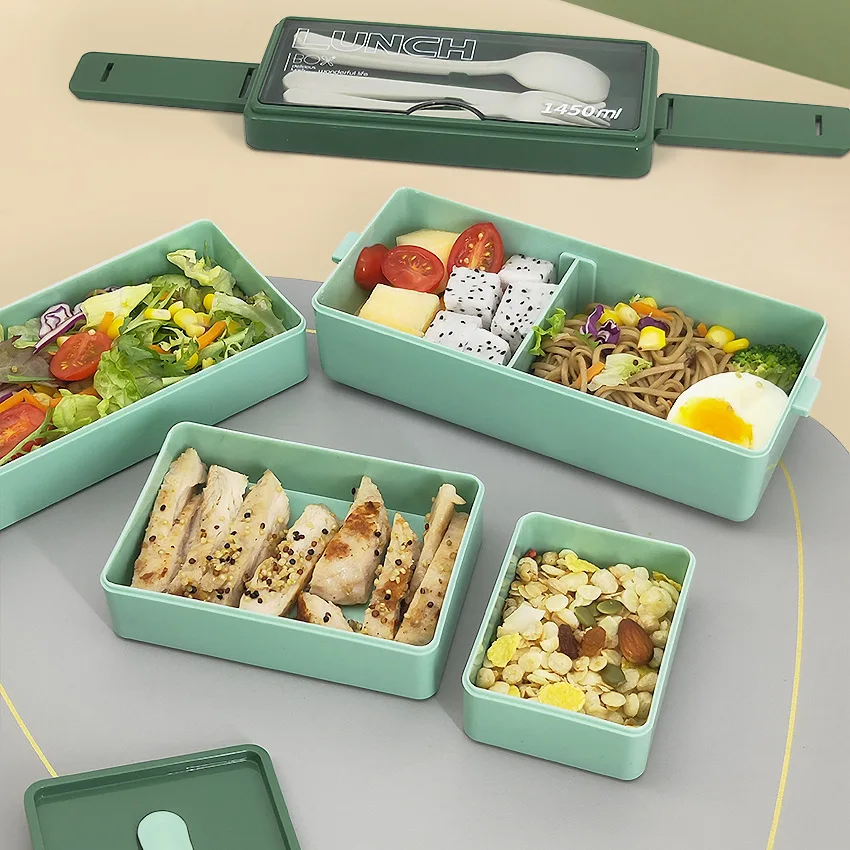 Three-layer portable adjustable plastic bento box microwave safe food containers lunch box