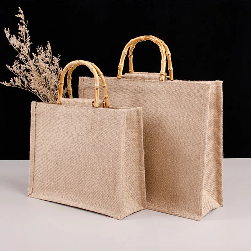 Portable Burlap Jute Shopping Bag Handbag  Loop Handles Tote Retro DIY Bag Handbag Women Big Size Beach Bag For Girls