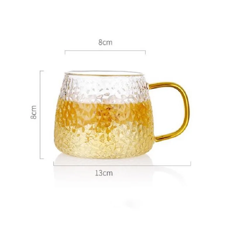 
15oz High Borosilicate Glass Cup With Gold Handle Hand blown Hammer Grain glass Mug 