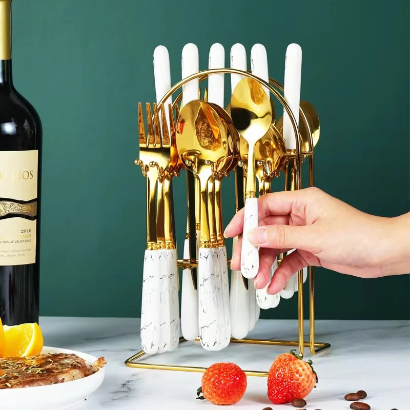 Court style 24pcs stainless steel black gold marble ceramic handle cutlery sets spoon fork with gold holder