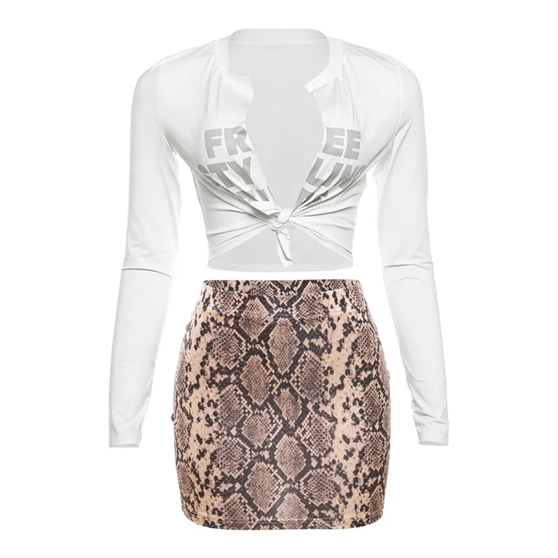 J&H 2024 New Street Letter Printing Sexy Low cut High Waist Leaky Navel Wrapped Hip Snake Pattern Short Skirt Set for Women