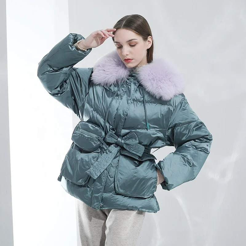 Women Real Fox Fur Collar Down Coats Outwear Cropped Coats Puffer Winter Coats