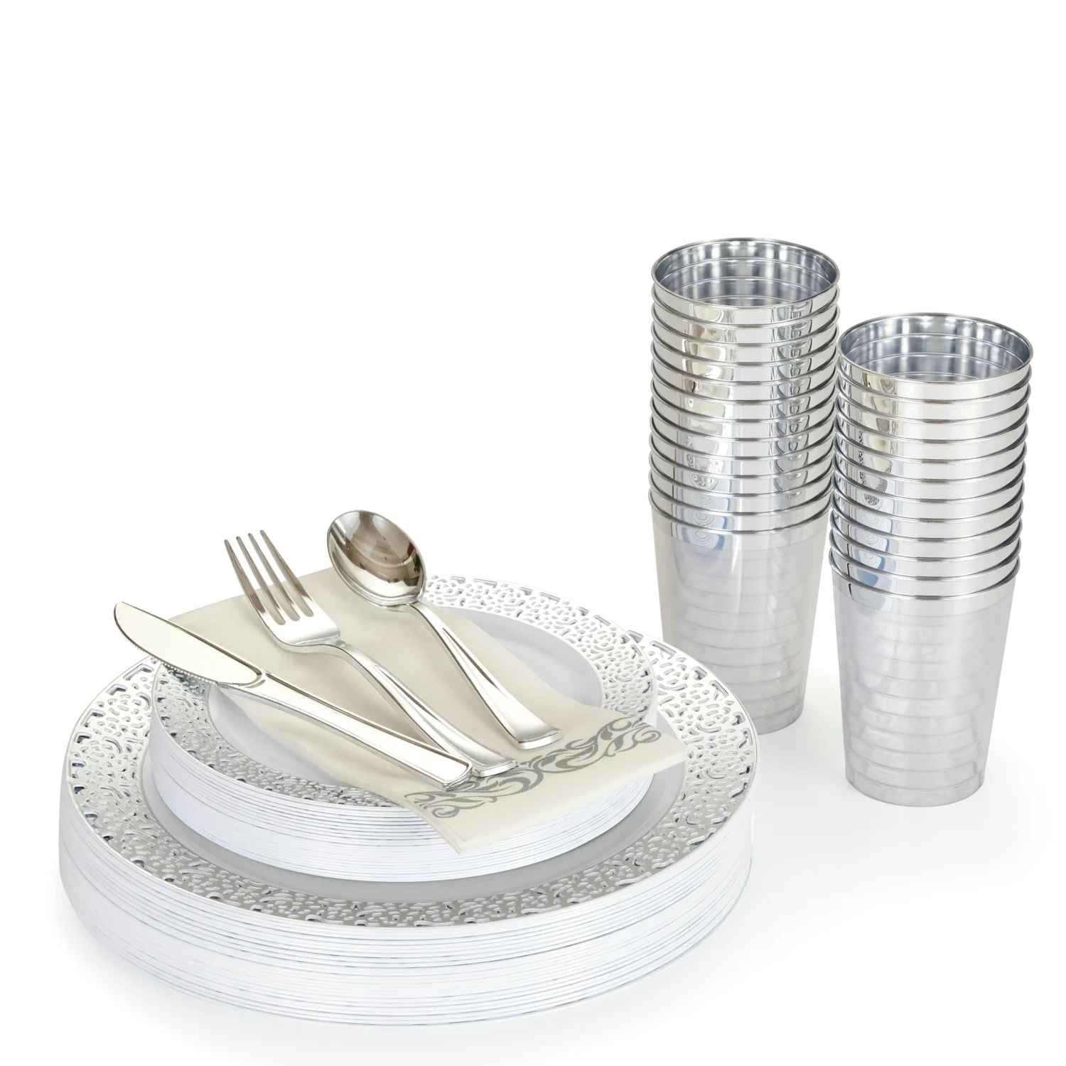 New design fashion hollow-carved silver plastic disposable plates dinnerware set
