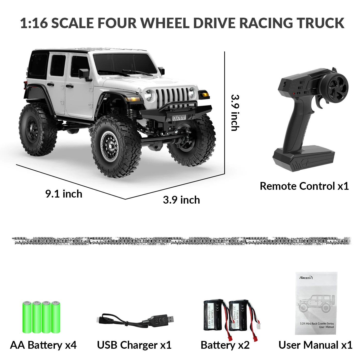 1/24 Scale RC Climbing Car with led Light sporty look tackle rough surfaces with ease and precision-white