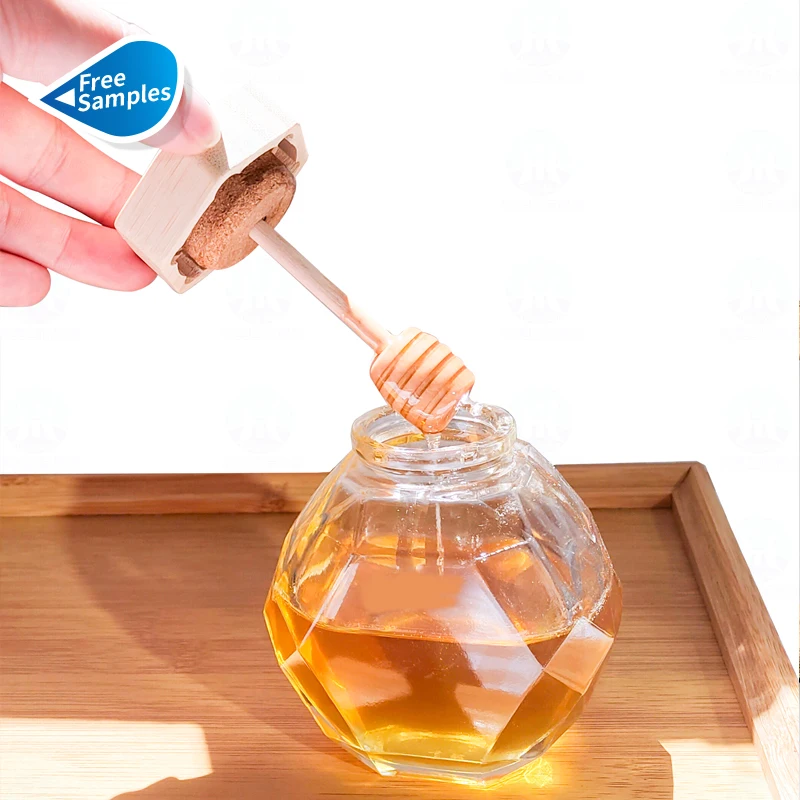 Glass Honey Jar Diamonds Hexagonal Container Pot Stick Spoon Packaging Bottle with Wooden Unique Design 200ml Kitchen
