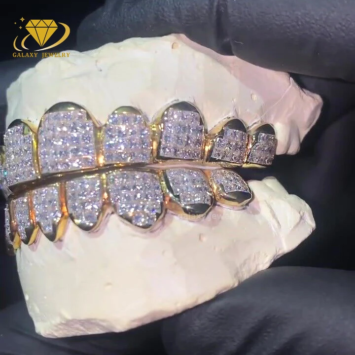 Luxury Pass Diamond Tester Princess Cut Moissanite Honeycomb Grillz 8 Top 8 Bottom Iced Out Custom Men Teeth Jewelry Grillz