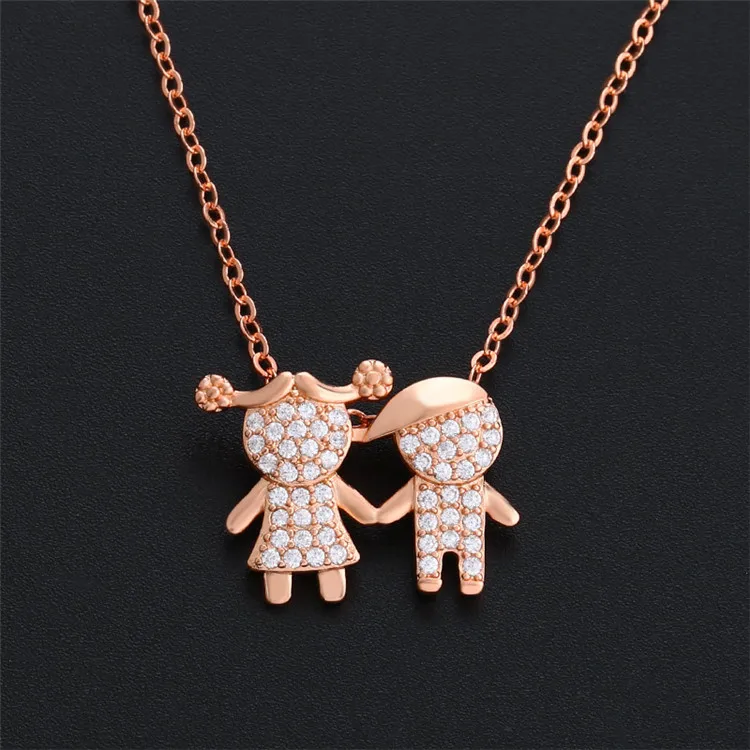 Best Friend Gift New Design Copper Cute Boy Girl Necklaces Women Hand In Hand Children Zircon Necklace Family Jewelry