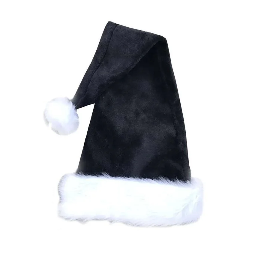 
75cm Adult Black Plush Long Christmas Hat Xmas Costume Pompom Santa Claus Caps Black Christmas Ornaments 