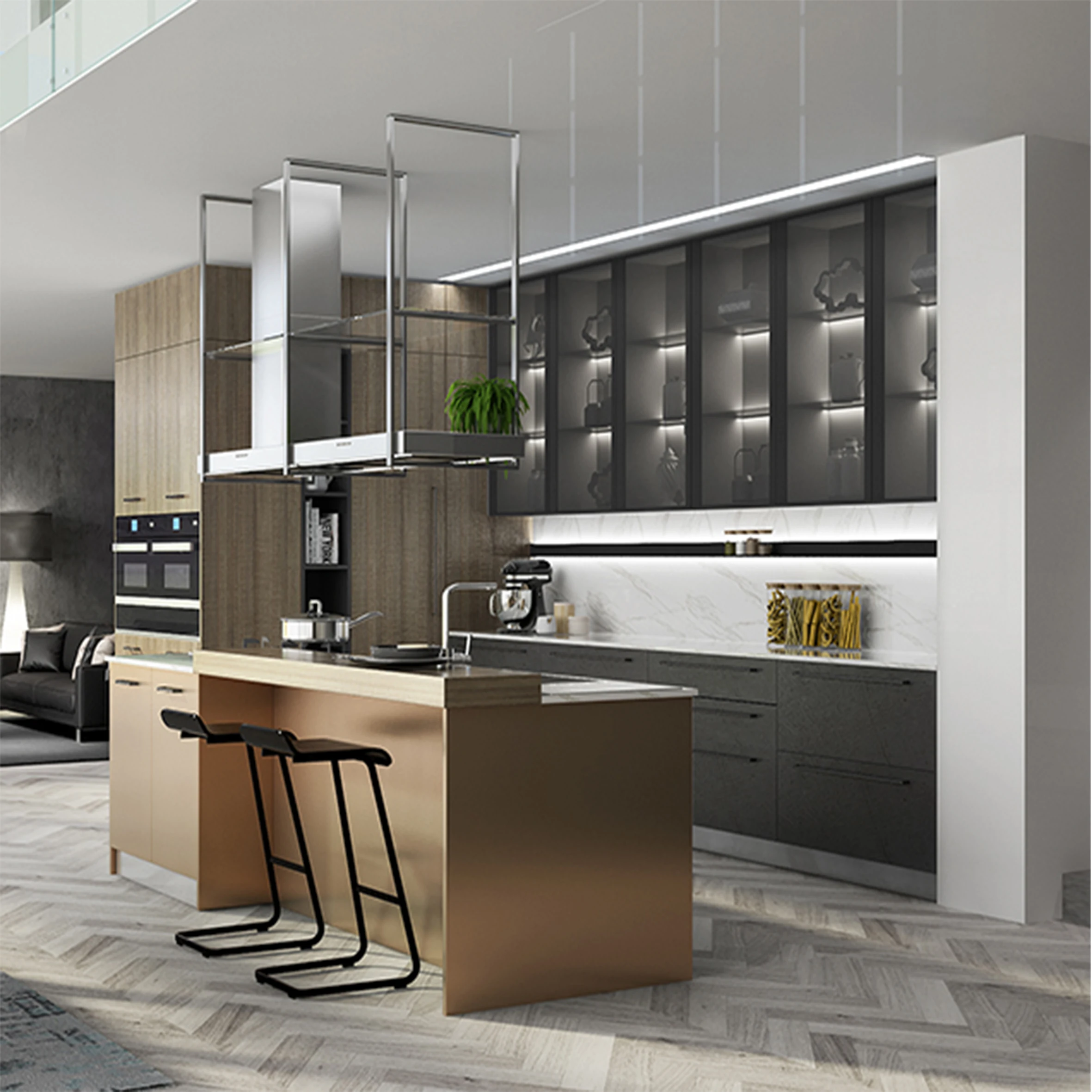 
Hot Sale Wholesale hotel project PVC kitchen cabinets with Insland 