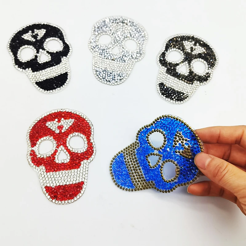 ready to ship good quality hot fix glue sheet applique iron on skull head rhinestone patches for hat shoes bags clothing