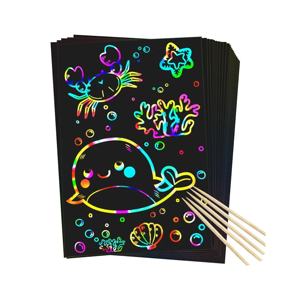 Printable Black Children Cards Rainbow Color Scratch Painting Art Paper