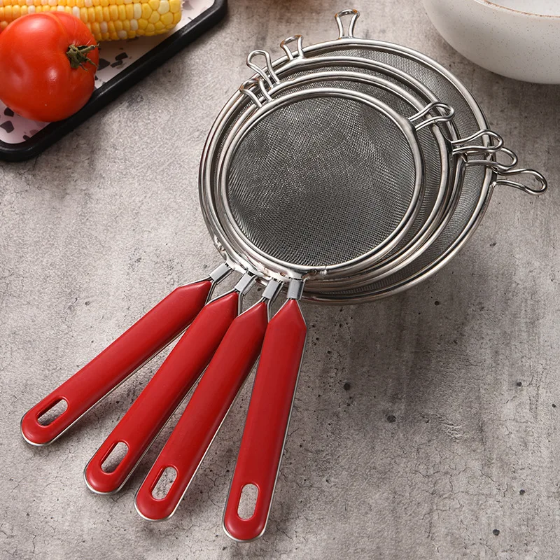 F3-308 Stainless steel short handle double ear net leaky spoon creative red handle flour sieve filter spoon net