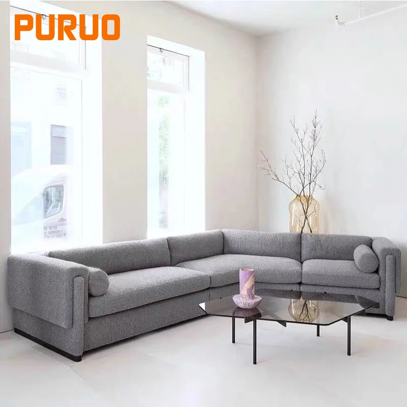 Puruo Italian design luxury living room furniture fancy nubuck sofa suede beige grey banana shaped home sofa
