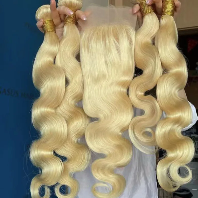 Wholesale Brazilian 10A Grade Straight Body wave Mink Raw Virgin 613 Human Blonde Hair Bundles With Closure Vendor