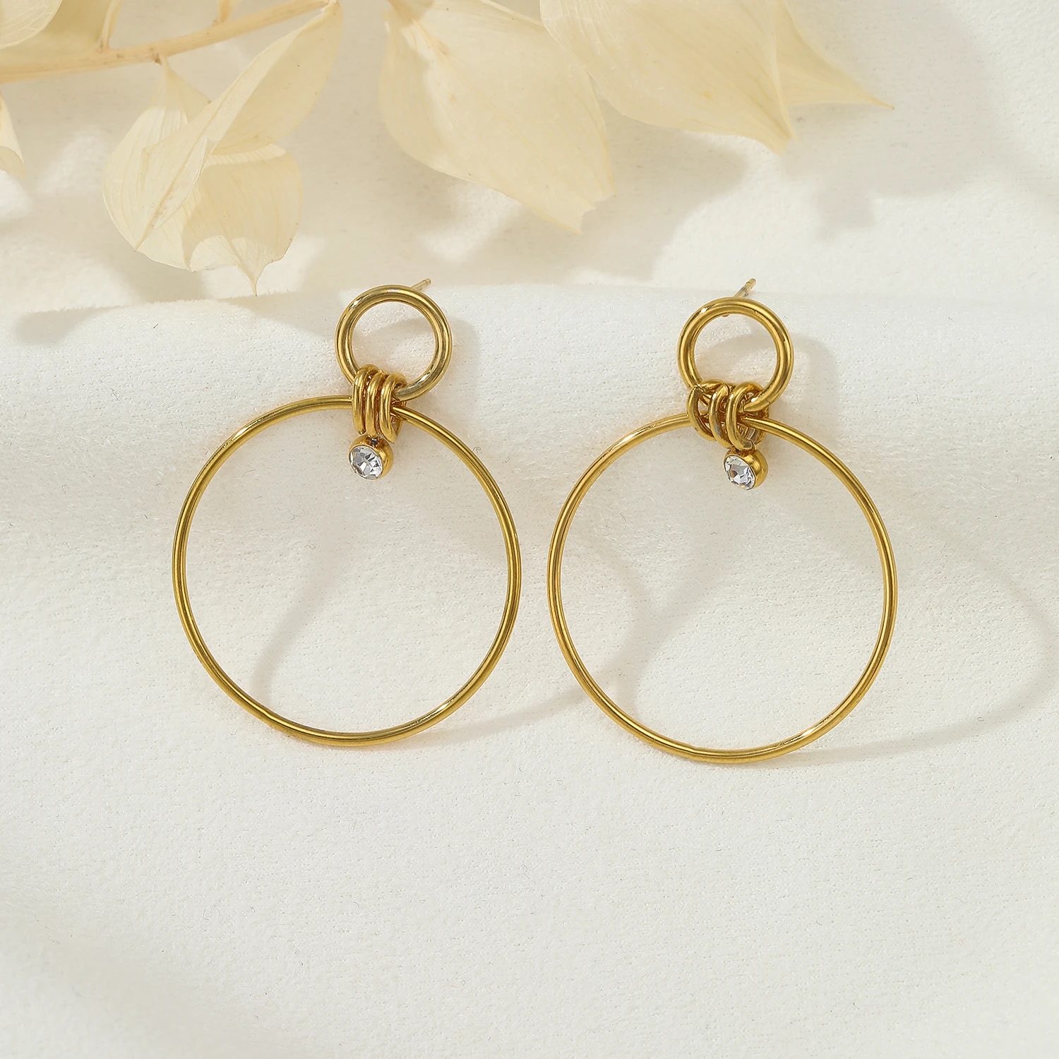 Factory Customized Stainless Steel 18K Gold Plated Simple Zircon Three Rings Pendant Hoop Large Earrings