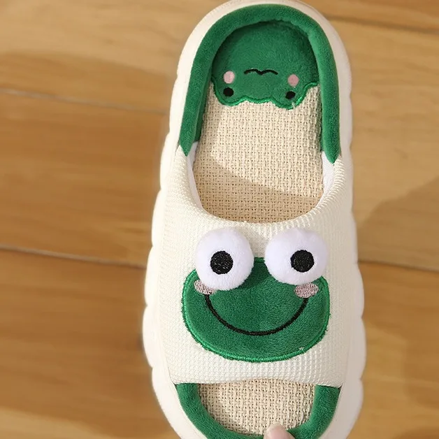 Wholesale Cute Frog Linen Drag Ladies non-slip indoor and Outdoor Slippers Home Absorbent Breathable Silent Slippers