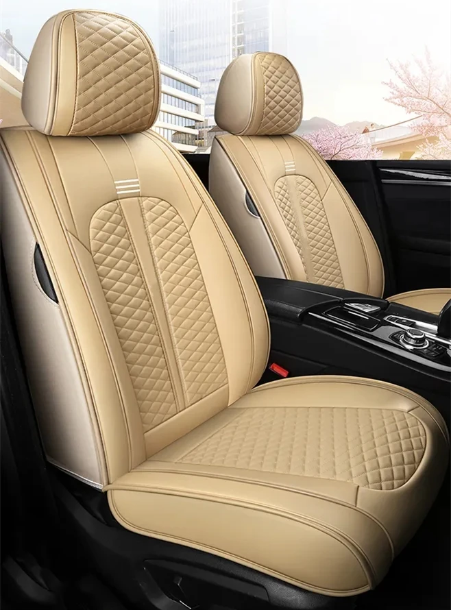 Beige Waterproof 5-Seats Leather Car Seats(old Universal All Seasons Applicable Car Seat Cover