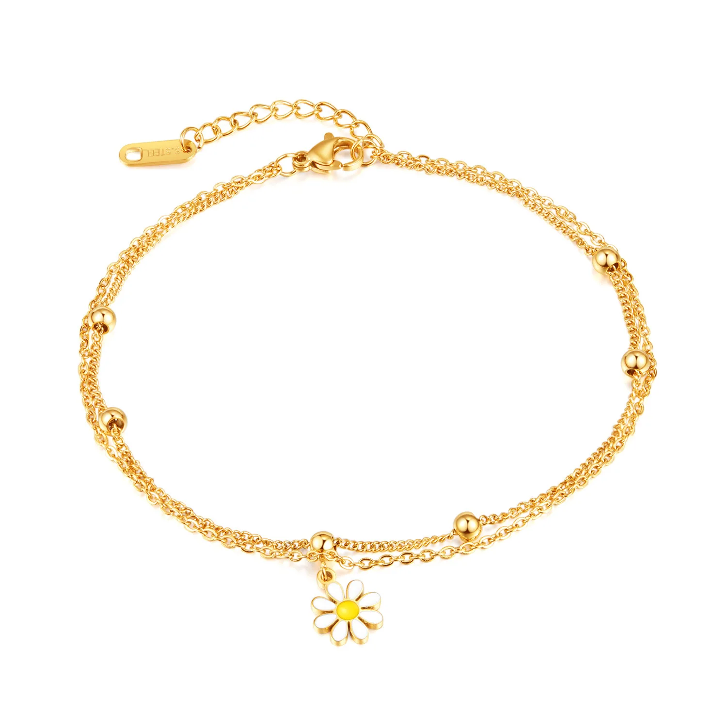 Enamel Daisy foot chain layered Non Tarnish Waterproof Fashion Jewelry Wholesale 18k Gold Stainless Steel Anklets For Women