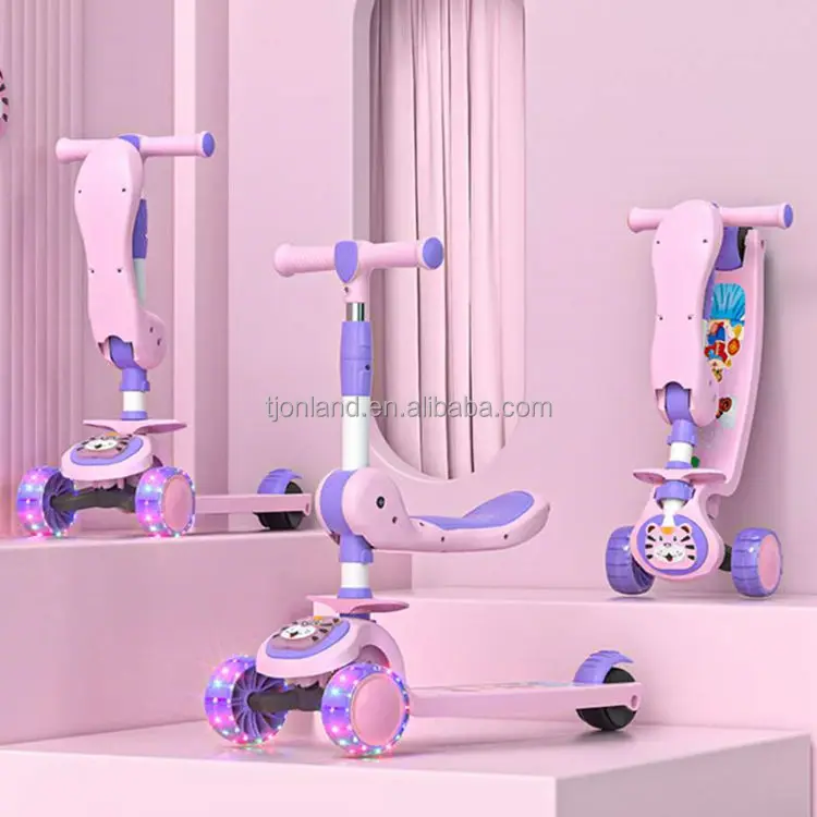 Kids Safety Scooter with 3 PU Flashing Wheels One-Key Folding Music Features Four Heights-for Ages 6-12 Years