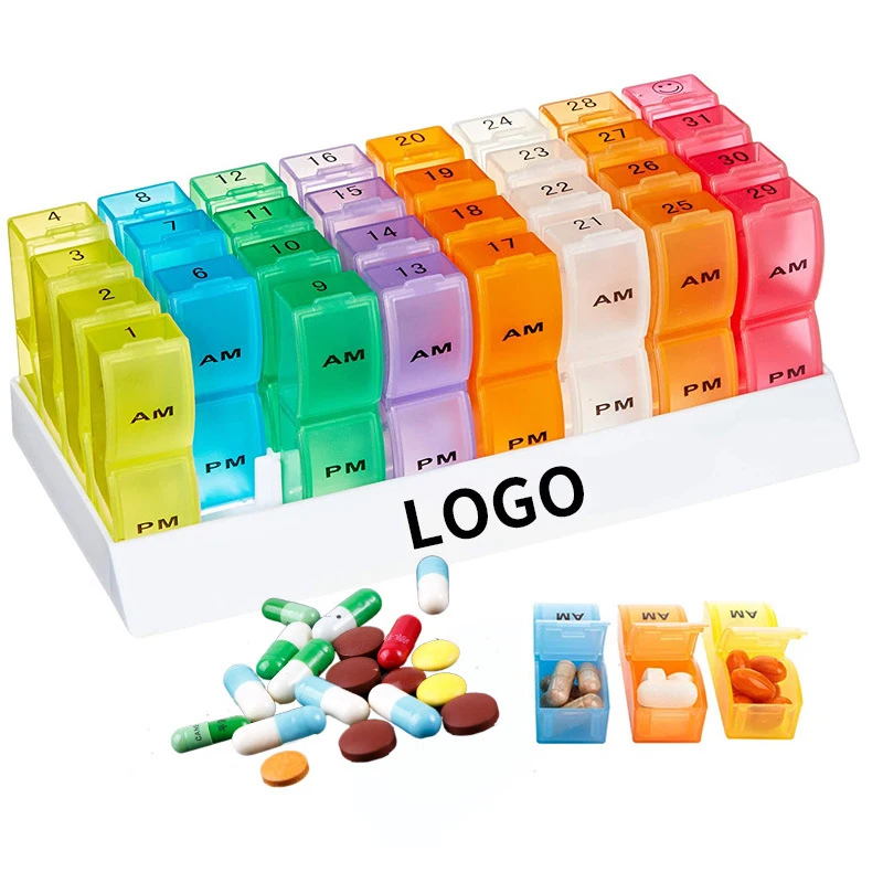 medicine box 31 Day Monthly  Pill Case, AM PM 2  times a day Portable Colorful Medication Organizer with 32 Gridspill containere pill box