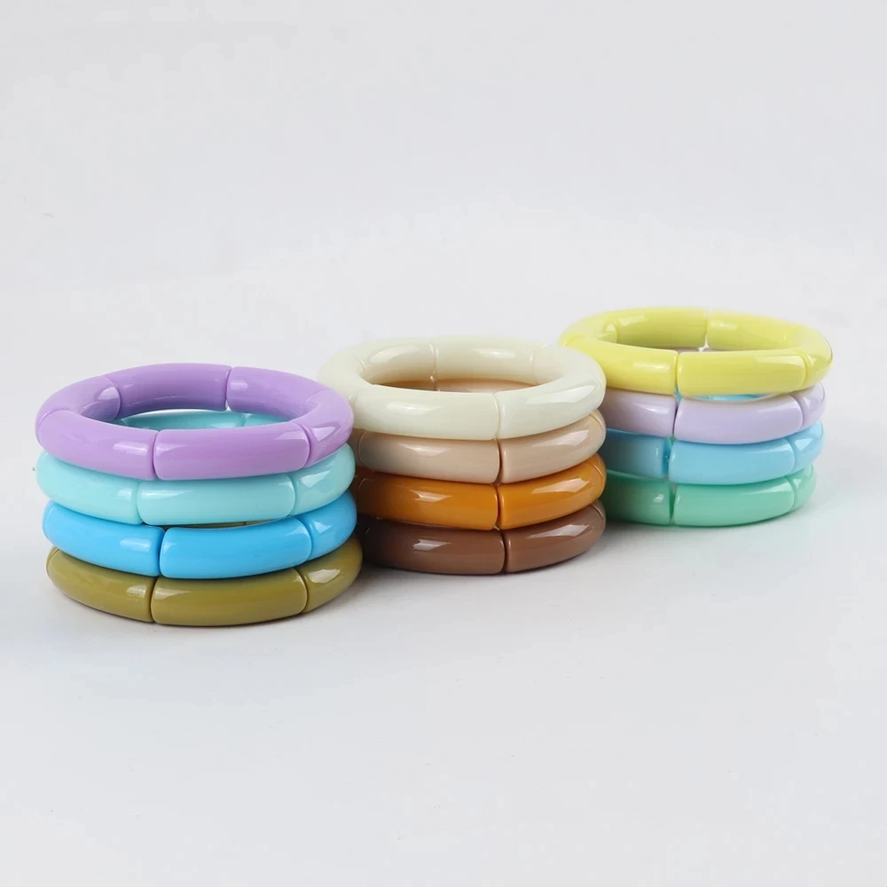 Brief Casual Round Big Stretched Bracelet Candy Color Acrylic Bamboo Tube Beads Stack Elastic Bracelets Bangles Party Jewelry