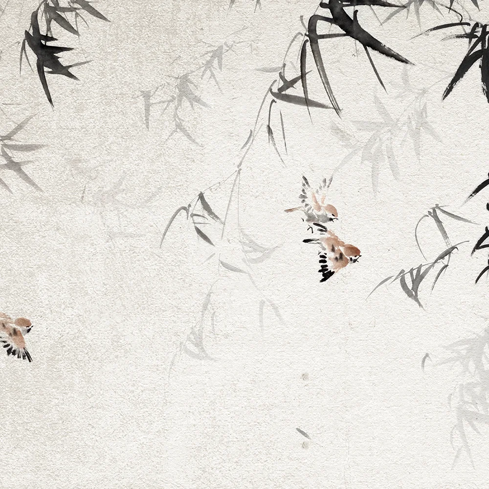 Chinoiserie Style Graceful Luxury Ink Painted  Handpainted Silk Wallpaper