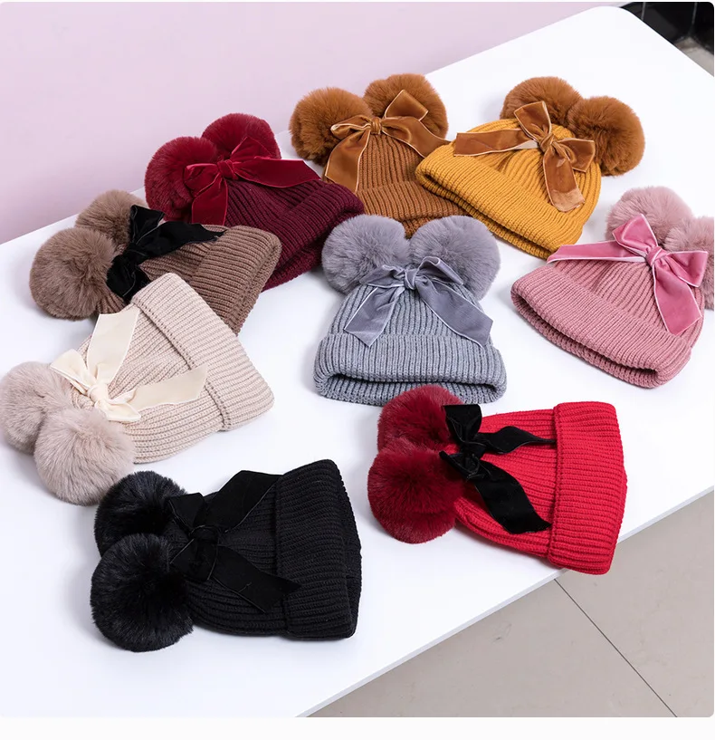 Cute Winter Warm Kids Baby Girls Boys Knitted Two Poms Skull Hats Cotton Lined Baby Double Pom Pom Beanie With Velvet Bowknot