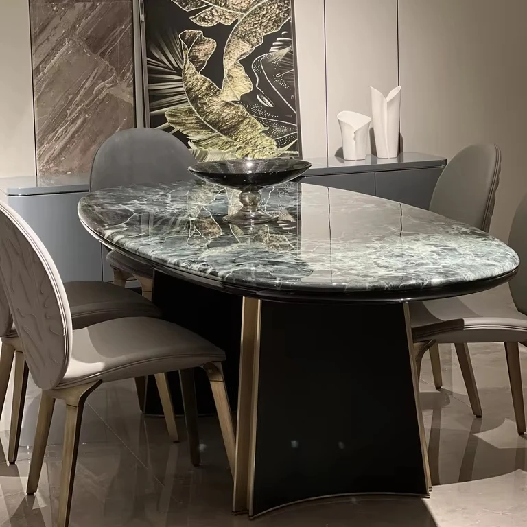Jason Modern Italian Luxury Dining Table and Chair Set Drop-Shaped Natural Marble Long Rectangular Table Furniture Stone