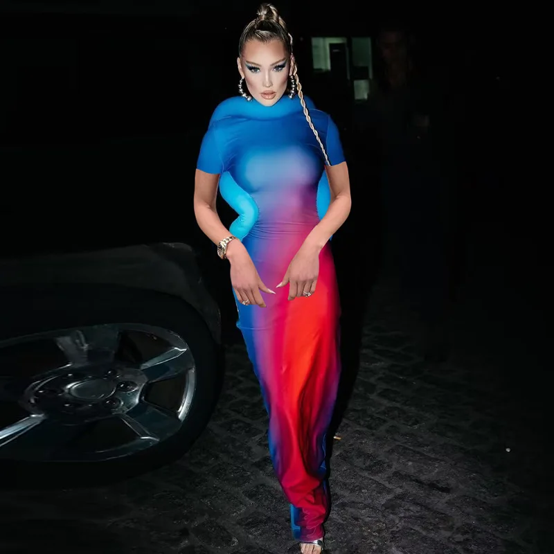 2023 Summer new fashion sexy backless slim-fit printed unique design short-sleeved dress