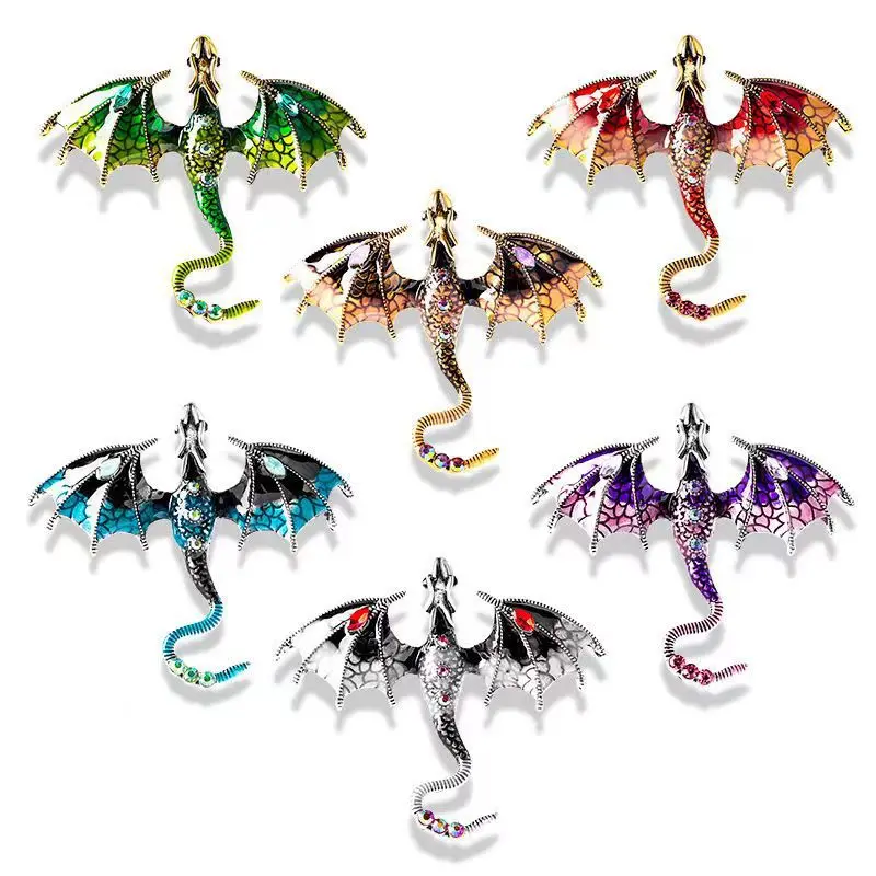 Enamel Dragon Brooches for Women Men 6-color Rhinestone Flying Legend Animal Party Office Brooch Pins Gifts