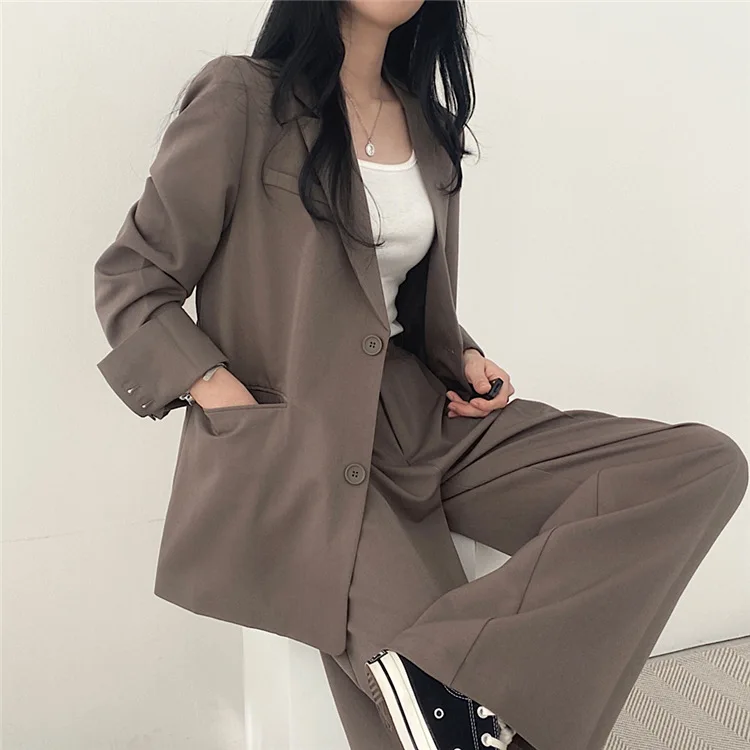 High Quality Women Set Solid Pocketed Lined Coat + Waist Suit Pants Office Lady Formal Two Piece